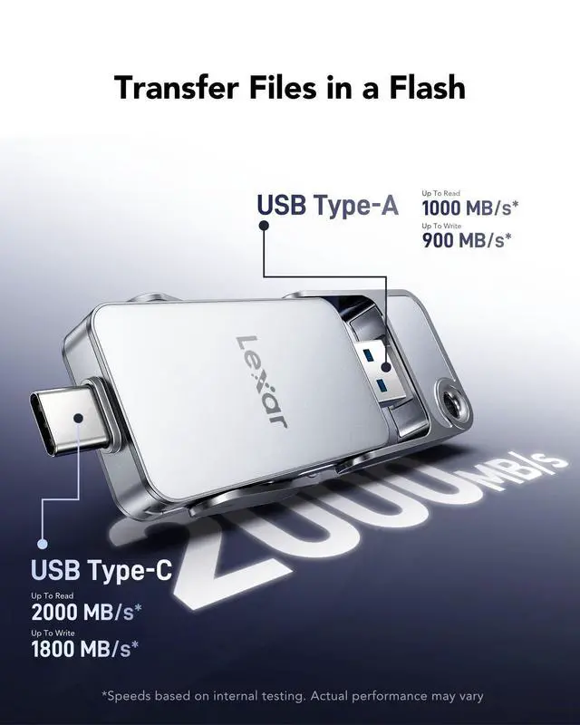 Alt view image 3 of 5 - Lexar D70E 2TB Dual Drive External SSD, Up to 2000MB/s Read and 1800MB/s Write, Durable Metal Housing Design, Cable-Free Portable SSD for USB Type-C/Type-A Devices, Compatible with iPhone 17