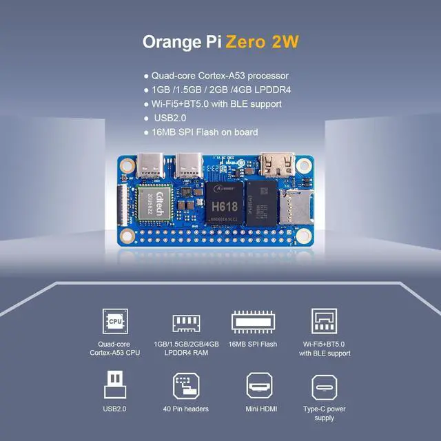 Alt view image 3 of 5 - Orange Pi Zero 2W 1GB/1.5GB/2GB/4GB LPDDR4 Allwinner H618 Quad-core Single Board Computer with 16MB SPI Flash, Support WiFi and BT5.0, Development Board Run Android 12 TV/Debian/Ubuntu (GB, 1.5)