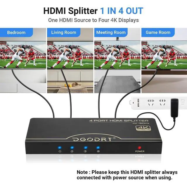 Alt view image 2 of 5 - HDMI Splitter 1 in 4 Out 4K@60Hz, 1x4 4 Port HDMI 2.0 Splitter UHD Powered, Support HDCP Bypass, EDID Management, 18Gbps Bandwidth 4-Way Output for TV, Fire Stick, PS5, Blu-ray