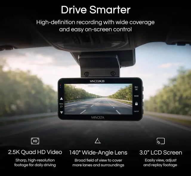 Alt view image 2 of 5 - Minolta 2.5K Quad HD Dash Camera - Car Camcorder with 140 Degree Wide Angle Lens, ADAS Voice Alerts, Parking Monitor, Loop Recording, G Sensor, Motion Detection, 3 inch LCD Screen (Black)