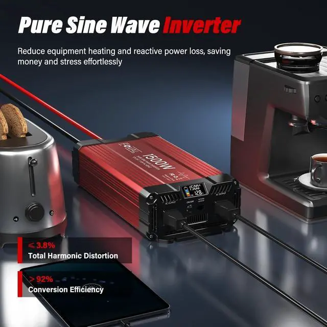 Alt view image 2 of 5 - FOVAL 1500W Pure Sine Wave Inverter 12V DC to 110V AC Converter, 3000W Peak Power Inverter with LCD Display and 2 AC Outlets for Home, RV, Truck, and Off-Grid Solar System, Remote Controller