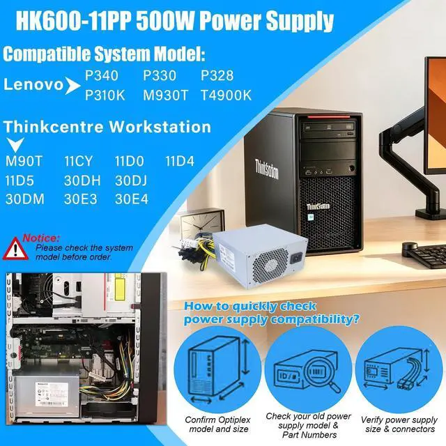 Alt view image 3 of 5 - Upgraded HK600-11PP 500W Power Supply Compatible with Lenovo P330 P340 P350 P328 P310 K M930T T4900K PCK010 FSK010 5P50V03181 5P50V03218 SP50H29598 HK600-11PP FSP600-60AGPAA Switching 500W PSU