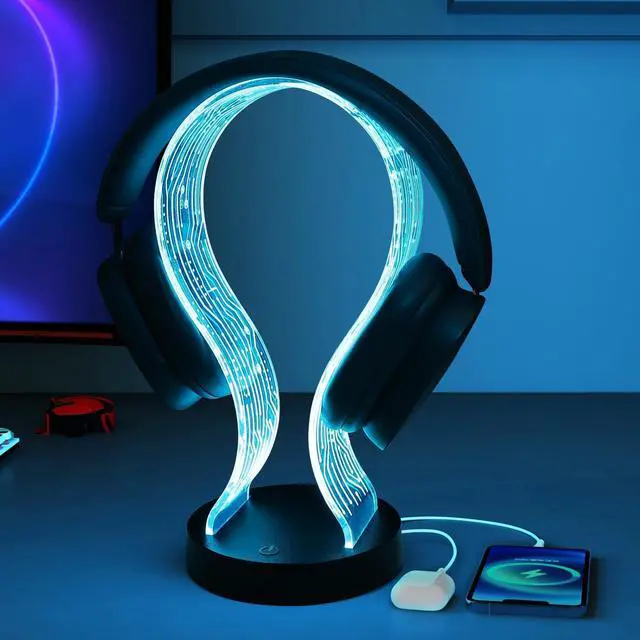 Main image of Ammonite Light Up Headphone Stand, 16 Color Lights Gaming Desk Accessory with 1 USB Charging Port and 1 Type-C Charging Ports, USB Power and PCB Pattern, Gifts for Gamers Boyfriend Boy Man