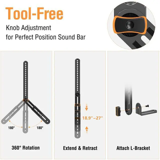 Alt view image 4 of 5 - ELIVED Soundbar Mount Under or Above TV, Fits Most Sound Bars Up to 15 Lbs, Tool-Free Knob Height Adjustable, Universal Sound Bar TV Bracket with Detachable Long Extension Arms and L-Brackets