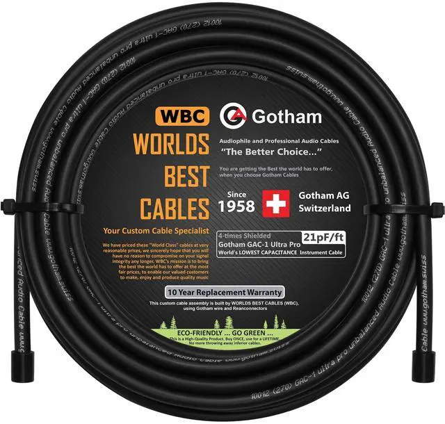 Main image of WORLDS BEST CABLES Gotham GAC-1 Ultra Pro (Black) - Premium, Low-Capacitance (21 pf/F) Guitar Bass Instrument Cable Bulk Sold in 50 Foot Length
