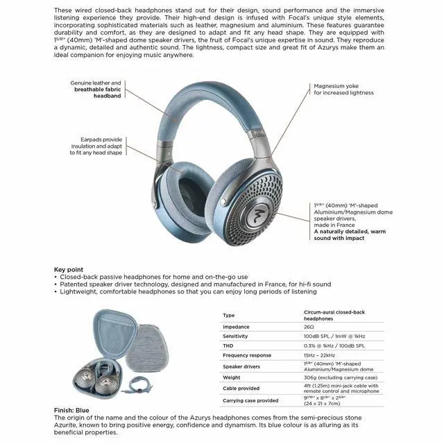 Alt view image 2 of 5 - Focal AZURYS High-Fidelity Closed-Back Headphones