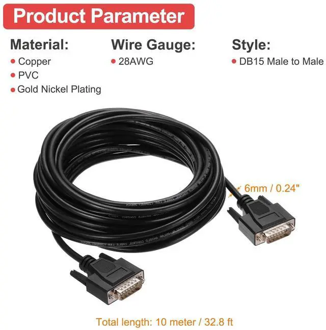 Alt view image 2 of 5 - MECCANIXITY DB15 Serial Cable, 28AWG Aluminium Foil Shielded DB15 Male to Male Straight Through Serial Cable for Data Communication, 32.8 ft