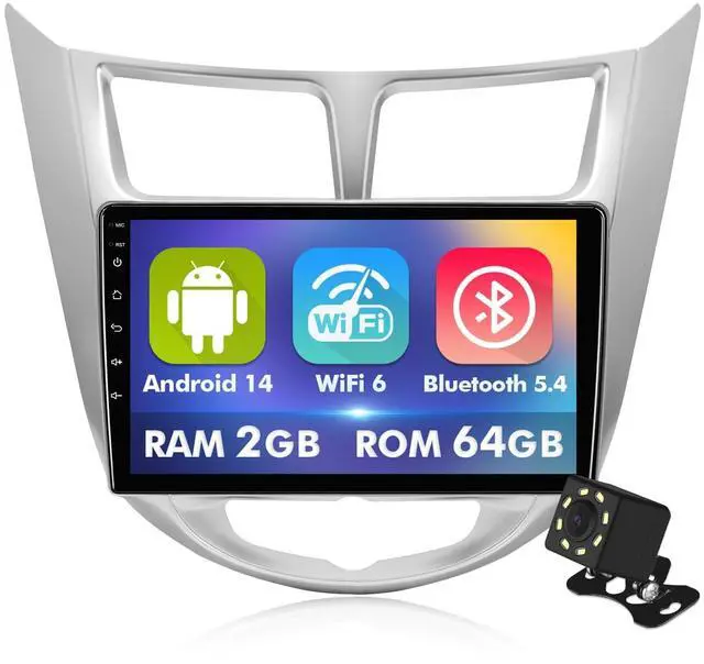 Main image of 4Core+64GB 9 Inch IPS Touchscreen Android 14 Car Stereo for Hyundai Accent Verna Solaris 2010-2016 with Wireless CarPlay & Android Auto Car Radio, Support WiFi 6, Bluetooth,5.4, Backup Camera,