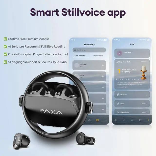 Alt view image 4 of 5 - PAXA 2-in-1 Wireless Earbuds with StillVoice Bible App-50H Playtime, Bluetooth 6.0, Hybrid Noise Reduction, Auto L&R Sync for Daily, Fitness and Scripture Listening & Quiet Time, Ctbuds Black