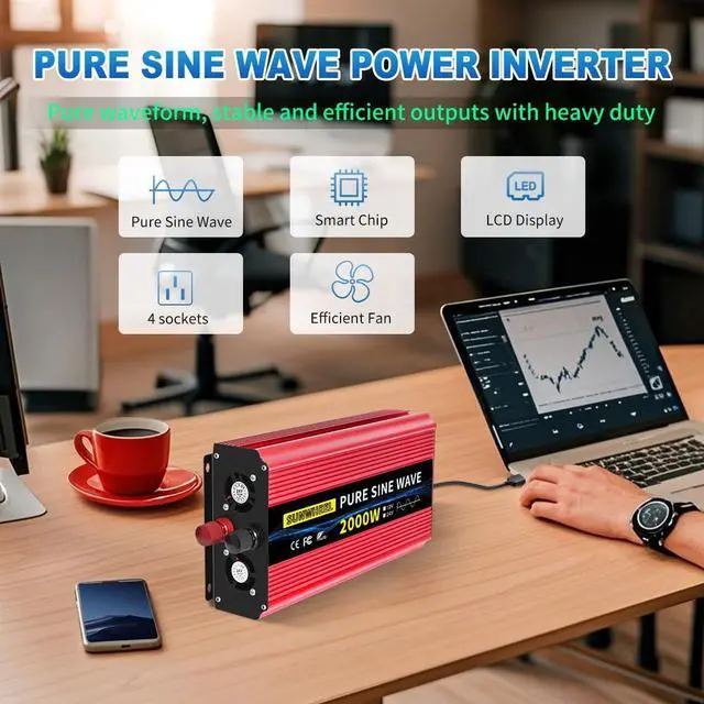 Alt view image 2 of 5 - SUNWHEEL 2000W Pure Sine Wave Inverter, 12V DC to 110V/120V AC Power Inverter for RVMicrowaveOff GridTruckRefrigeratorAir Conditioner with 2 AC outlets and LCD Display