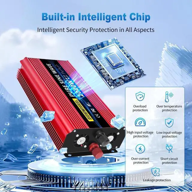 Alt view image 4 of 5 - SUNWHEEL 2000W Pure Sine Wave Inverter, 12V DC to 110V/120V AC Power Inverter for RVMicrowaveOff GridTruckRefrigeratorAir Conditioner with 2 AC outlets and LCD Display