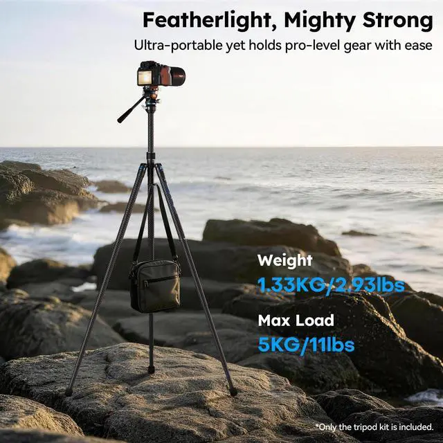 Alt view image 2 of 5 - SIRUI Carbon Fiber Travel Tripod with Fluid Head, 360 Smooth Pan & 90 Tilt, 8 Leveling Base, 5kg Payload, 2S Quick Release Leg, Reversible Column, Max 61" for Outdoor Hiking Vlogging