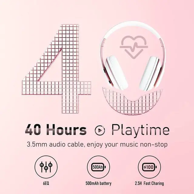 Alt view image 2 of 5 - Falebare Bluetooth Headphones Over Ear, 6S Foldable Wireless Headphones with 6 EQ Modes, 40 Hours Playtime HiFi Stereo Headset with Mic, Soft Ear Pads, TF/FM for Cellphone/PC/Home (White & Rose