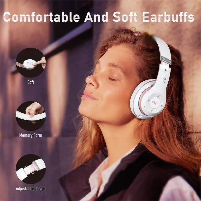 Alt view image 3 of 5 - Falebare Bluetooth Headphones Over Ear, 6S Foldable Wireless Headphones with 6 EQ Modes, 40 Hours Playtime HiFi Stereo Headset with Mic, Soft Ear Pads, TF/FM for Cellphone/PC/Home (White & Rose