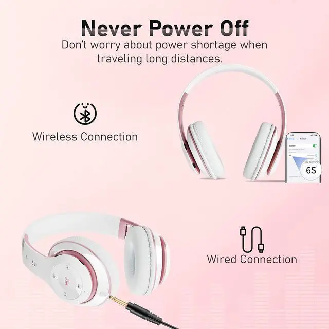Alt view image 5 of 5 - Falebare Bluetooth Headphones Over Ear, 6S Foldable Wireless Headphones with 6 EQ Modes, 40 Hours Playtime HiFi Stereo Headset with Mic, Soft Ear Pads, TF/FM for Cellphone/PC/Home (White & Rose