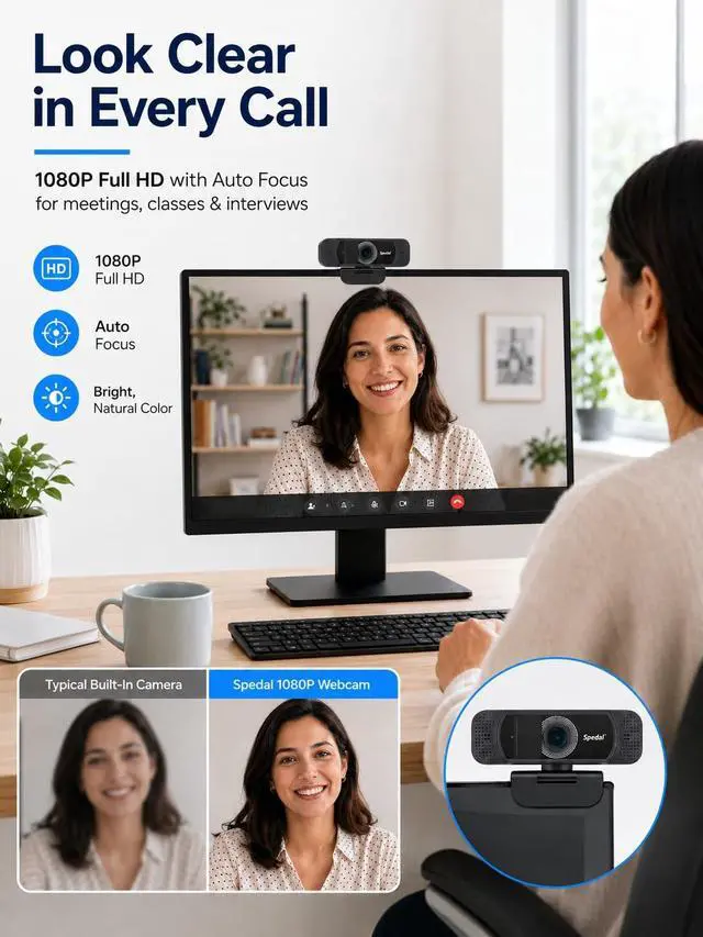 Alt view image 2 of 5 - Hyphoon 1080P Webcam with Microphone, USB HD Web Camera for Laptop Desktop Computer PC Mac, Wide-Angle Webcam with Auto Light Correction, Plug and Play Camera for Zoom