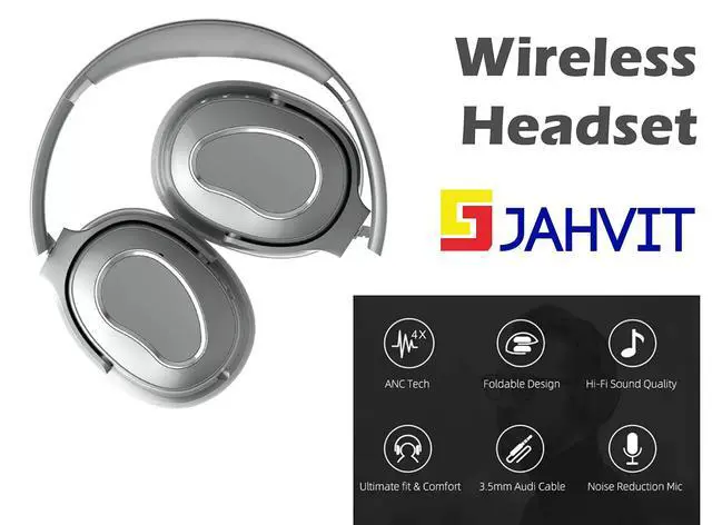 Alt view image 4 of 4 - JAHVIT Active Noise Cancelling Wireless Headset. Hi-Fi Deep Bass, 40mm Stereo ANC to 32dB, Silver (Silver)