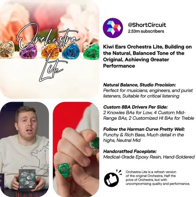Alt view image 5 of 5 - Linsoul Kiwi Ears Orchestra Lite Performance Custom 8BA in-Ear Monitor IEM with Detachable 4-core 7N Oxygen-Free Copper OFC Cable, Handcrafts Faceplate for Audiophile Studio Musician (Purple)