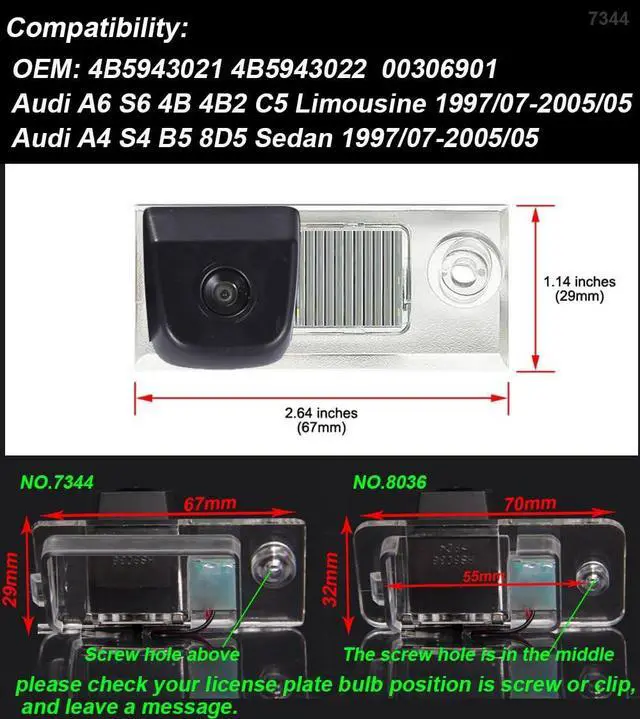 Alt view image 2 of 5 - Automotive License Plate Backup Camera, Car Rear View Reversing Camera with IP67 Waterproof Replacement for Audi A6 S6 4B 4B2 C5 Limousine 1997/07-2005/05 OEM: 4B5943021(NO.7344)