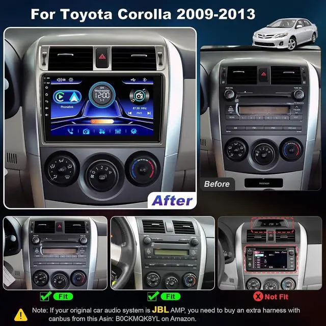 Alt view image 2 of 5 - New Upgrade Car Radio for Toyota Corolla 2009-2013,9 Inch Corolla Touchscreen Support Wireless Carplay&Android Auto, Bluetooth & Voice Control, Mirror Link, Subwoofer,SWC, FM Radio