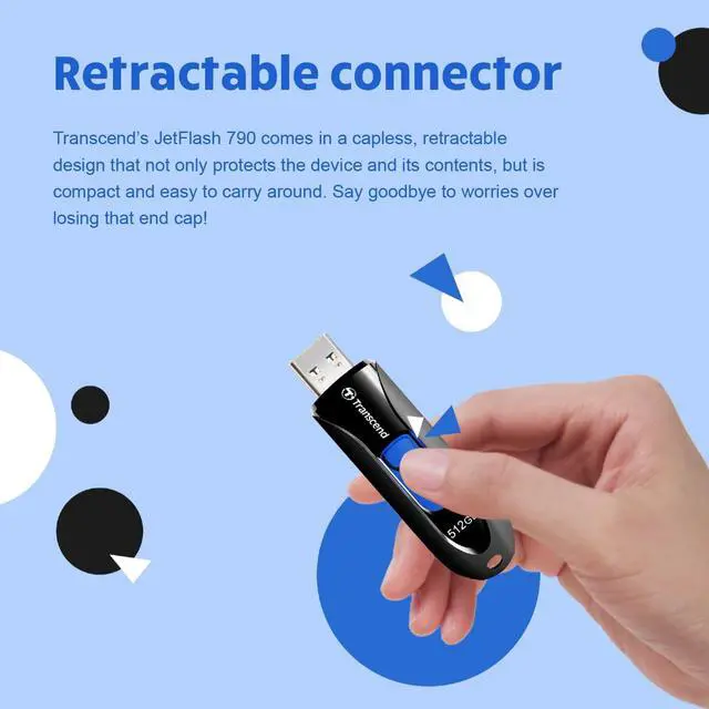 Alt view image 2 of 5 - Transcend JF790 128GB USB Flash Drive, for PC/Mac/Laptop/Windows/Computer/ Desktop/TV/Car Audio, USB3.2 Gen1 Memory Stick, Thumb Drives Data Storage w/ Retractable Connector, USB2.0/3.0/3.1 Compatible