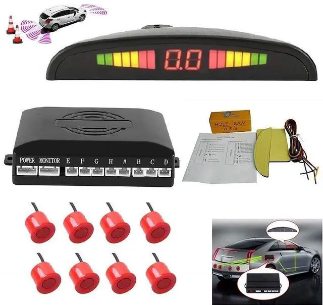 Main image of TOTMOX Car Reverse Parking Radar System 8 Reversing Sensors Kit with Front and Rear Alarm Buzzer Reminder LED Display Safe Driving, Car Parking Sensor, Red