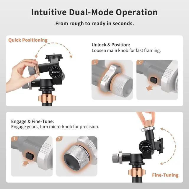Alt view image 2 of 5 - Cayer HD3 Geared Tripod Head Micro Adjust 360 Arca QR Plate