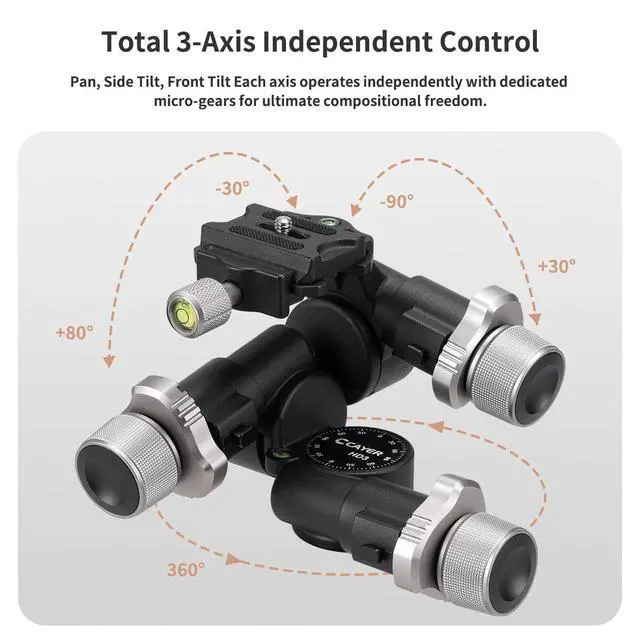 Alt view image 3 of 5 - Cayer HD3 Geared Tripod Head Micro Adjust 360 Arca QR Plate