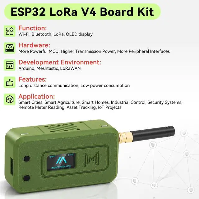 Alt view image 2 of 5 - Meshnology ESP32 LoRa V4 Development Board +L76 GNSS Module +3000mAh Battery +Green Case, ESP32-S3 SX1262 LoRa WiFi Bluetooth 2MB PSRAM 16MB Flash 915MHz Antenna OLED Support GPS Solar for Meshtastic