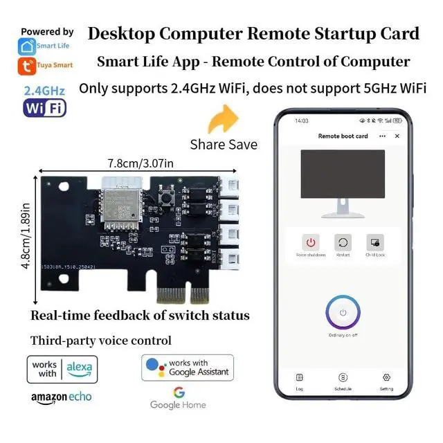 Alt view image 4 of 5 - LETLINK Desktop Computer Remote Startup Card,Applicable to Computers with PCIE Ports as the mainframe,Smart Life/Tuya Smart App Control,Set for Automatic on/Off,Sharing Control (WiFi Startup Card)