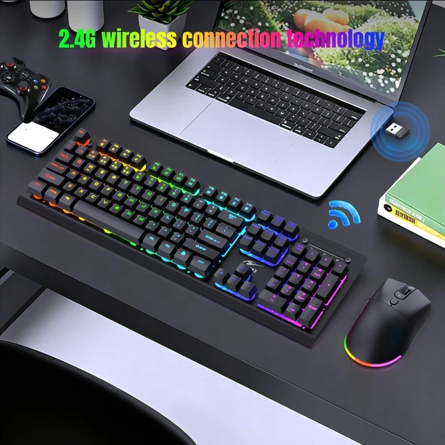 Alt view image 5 of 5 - Wireless Gaming Keyboard and Mouse Combo Brushed Aluminum Metal Panel RGB Keyboard with 3800mAh Battery Mechanical Feel Keys Ergonomic & Plug Play for Computer, Laptop, Desktop