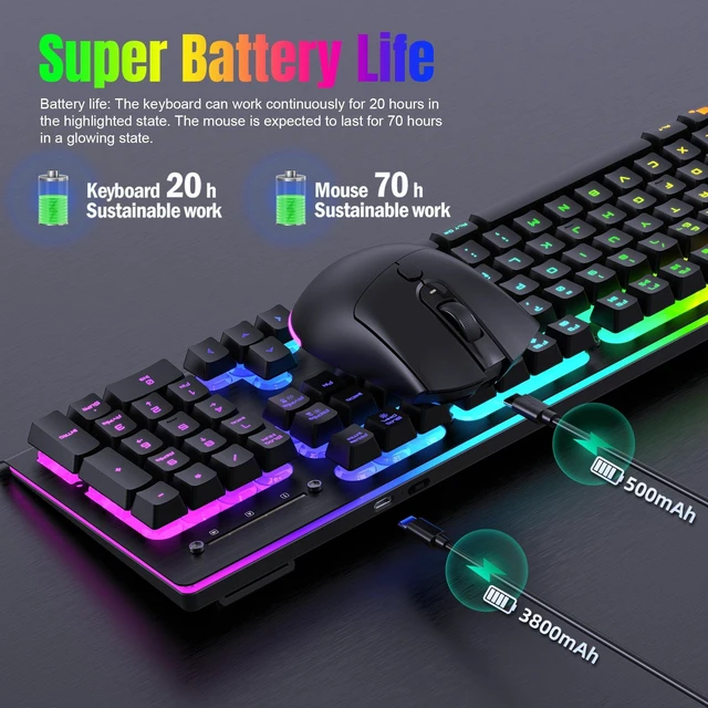 Alt view image 4 of 5 - Wireless Gaming Keyboard and Mouse Combo Brushed Aluminum Metal Panel RGB Keyboard with 3800mAh Battery Mechanical Feel Keys Ergonomic & Plug Play for Computer, Laptop, Desktop
