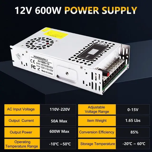 Alt view image 2 of 5 - Adjustable Power Supply DC 0-12V 600W with LED Display 12V Power Supply Variable AC to DC Converter 110V to 12V Designed for LED Light Car Stereo Automotive Equipment(DC12V-50A-600W)