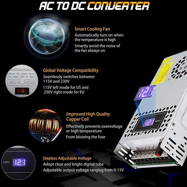 Alt view image 3 of 5 - Adjustable Power Supply DC 0-12V 600W with LED Display 12V Power Supply Variable AC to DC Converter 110V to 12V Designed for LED Light Car Stereo Automotive Equipment(DC12V-50A-600W)