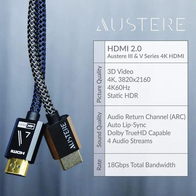 Alt view image 3 of 5 - AUSTERE V Series Certified Premium 4K HDMI Cable 1.5m, 4K HDR High Fidelity ARC, Gold Contacts, Silver-Plated Conductors, LinkFit Locking Connectors, High Speed Flex Cable 18Gbps 4K60 Gaming & All TVs