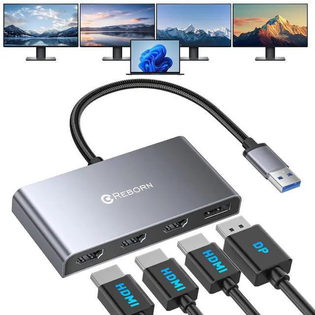 Main image of Reborn USB 3.0 to Quad HDMI with DisplayPort Adapter, 1080p@60Hz USB Type-A to 4 Monitor Converter, External Video Graphics Card, HDMI Splitter Extended Display for Mac/Windows for Laptop, Desktops