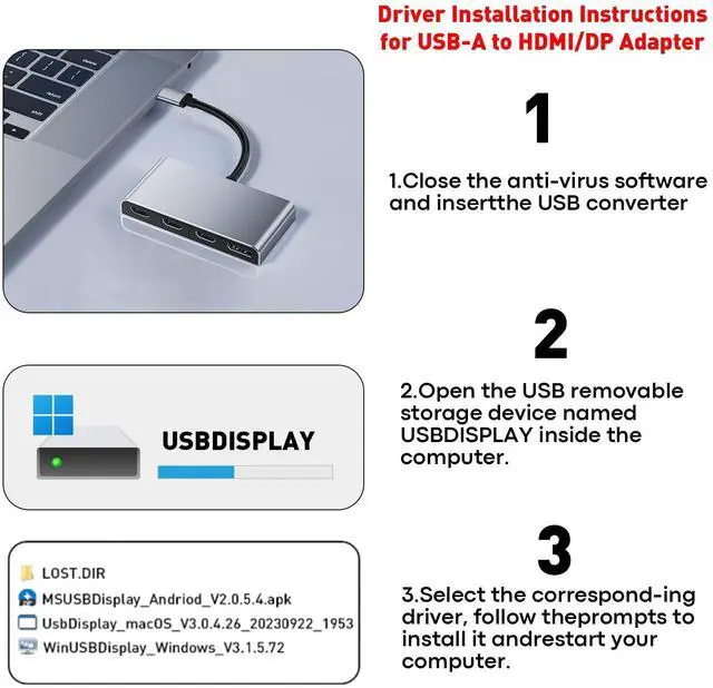 Alt view image 3 of 5 - Reborn USB 3.0 to Quad HDMI with DisplayPort Adapter, 1080p@60Hz USB Type-A to 4 Monitor Converter, External Video Graphics Card, HDMI Splitter Extended Display for Mac/Windows for Laptop, Desktops