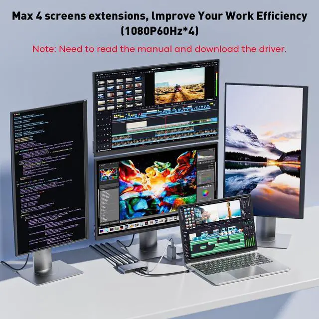 Alt view image 5 of 5 - Reborn USB 3.0 to Quad HDMI with DisplayPort Adapter, 1080p@60Hz USB Type-A to 4 Monitor Converter, External Video Graphics Card, HDMI Splitter Extended Display for Mac/Windows for Laptop, Desktops