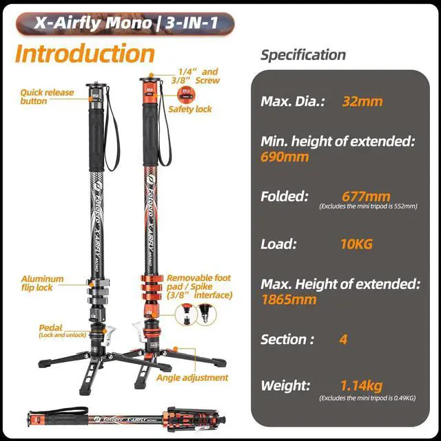 Alt view image 2 of 5 - Fotopro X-AIRFLY Mono 3K Carbon Fiber Monopod 73", 32mm Large-Diameter, Foot Pedal Unlock, 22lbs Load, Flip Lock, Travel Monopod for DSLR Mirrorless Sony a7 Canon R5 Wildlife Vlog, Orange