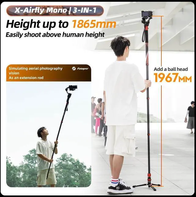 Alt view image 3 of 5 - Fotopro X-AIRFLY Mono 3K Carbon Fiber Monopod 73", 32mm Large-Diameter, Foot Pedal Unlock, 22lbs Load, Flip Lock, Travel Monopod for DSLR Mirrorless Sony a7 Canon R5 Wildlife Vlog, Orange