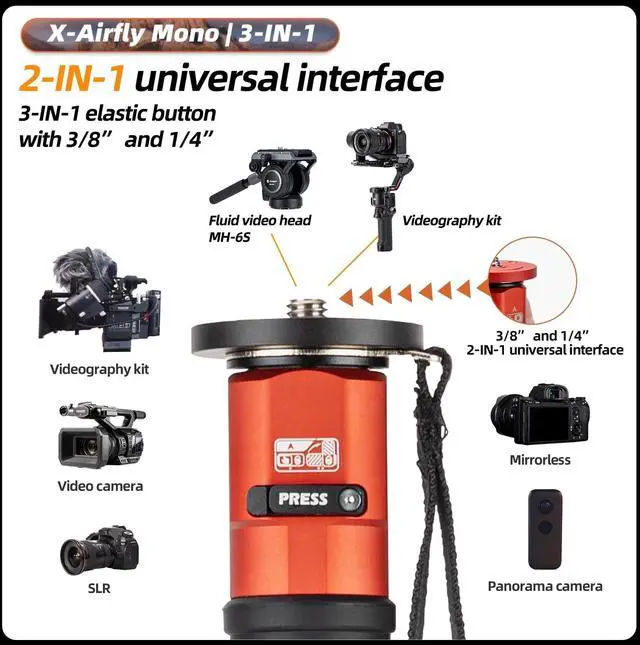 Alt view image 4 of 5 - Fotopro X-AIRFLY Mono 3K Carbon Fiber Monopod 73", 32mm Large-Diameter, Foot Pedal Unlock, 22lbs Load, Flip Lock, Travel Monopod for DSLR Mirrorless Sony a7 Canon R5 Wildlife Vlog, Orange