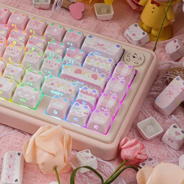 Alt view image 2 of 5 - TYRIXKI PBT Keycaps - Pink Meow Meow Keycap, 113 Keys Side Print Shine Through Cute Keycap, Mao Profile Custom Cat Keycaps for 60 65 75 100 Percent Cherry MX Mechanical Keyboard