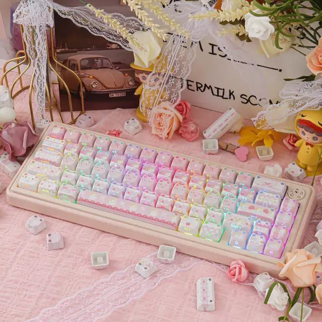 Alt view image 3 of 5 - TYRIXKI PBT Keycaps - Pink Meow Meow Keycap, 113 Keys Side Print Shine Through Cute Keycap, Mao Profile Custom Cat Keycaps for 60 65 75 100 Percent Cherry MX Mechanical Keyboard