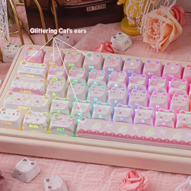 Alt view image 4 of 5 - TYRIXKI PBT Keycaps - Pink Meow Meow Keycap, 113 Keys Side Print Shine Through Cute Keycap, Mao Profile Custom Cat Keycaps for 60 65 75 100 Percent Cherry MX Mechanical Keyboard