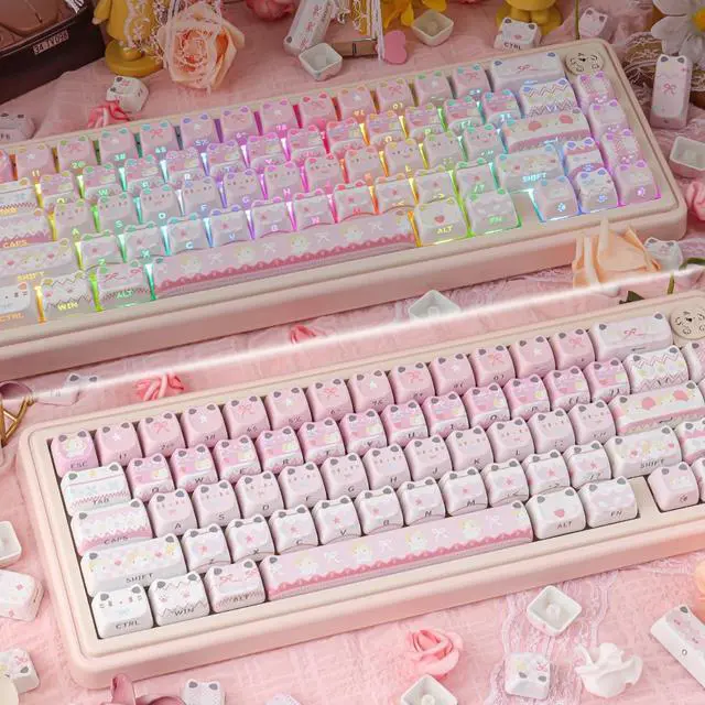 Alt view image 5 of 5 - TYRIXKI PBT Keycaps - Pink Meow Meow Keycap, 113 Keys Side Print Shine Through Cute Keycap, Mao Profile Custom Cat Keycaps for 60 65 75 100 Percent Cherry MX Mechanical Keyboard