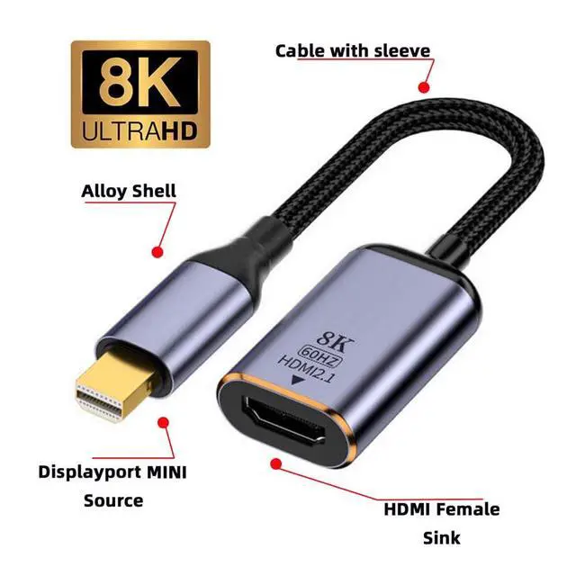Alt view image 2 of 5 - NFHK Mini DisplayPort 1.4 Source to HDMI 2.0 Display 8K 60hz UHD 4K Mini-DP to HDMI Male Monitor Adapter Cable