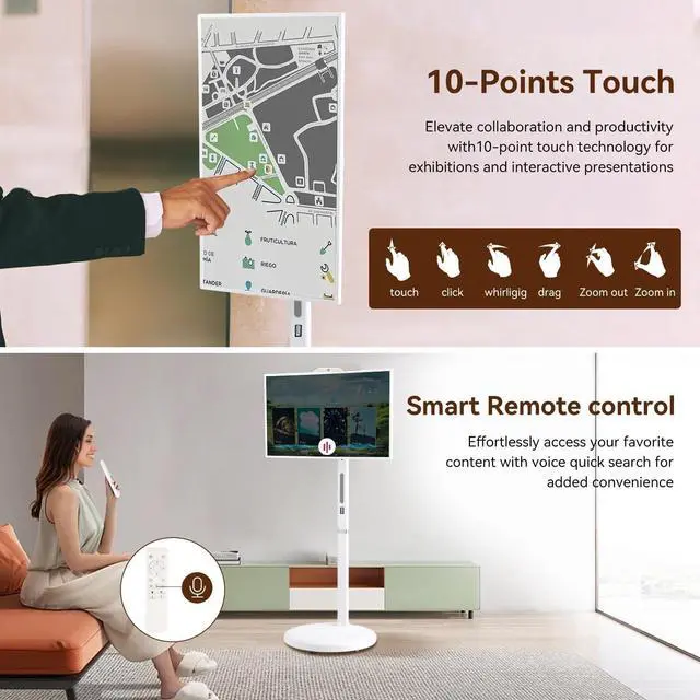 Alt view image 3 of 5 - KVKID 32" FHD Smart Portable TV, Portable TV on Wheels with Rotatable Touch Screen, 8GB + 128GB Storage, Android 13 OS, Rolling TV with Full Swivel Rotation, Voice Remote, Built-in 13MP Webcam