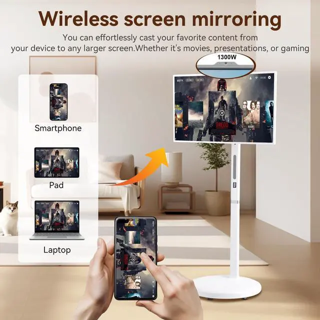 Alt view image 4 of 5 - KVKID 32" FHD Smart Portable TV, Portable TV on Wheels with Rotatable Touch Screen, 8GB + 128GB Storage, Android 13 OS, Rolling TV with Full Swivel Rotation, Voice Remote, Built-in 13MP Webcam
