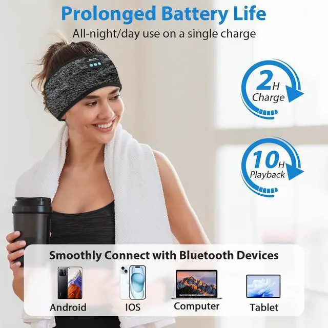 Alt view image 4 of 5 - ZRUHIG 2-Pack Sleeping Headphones, Bluetooth 5.4 Headband Headphones with Ultra-Thin Earbuds, Adjustable Magic Tape Fit, Breathable Soft Fabric for Sleepers, Men Women Travel Yoga Running