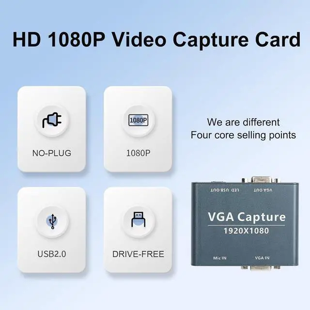 Alt view image 2 of 5 - VGA Capture Card, USB 2.0 Capture Device with VGA Loopout, Mic Input Support, HD 1080p Video for Live Broadcast, Laptops, Monitors, Video Conferencing, Gaming